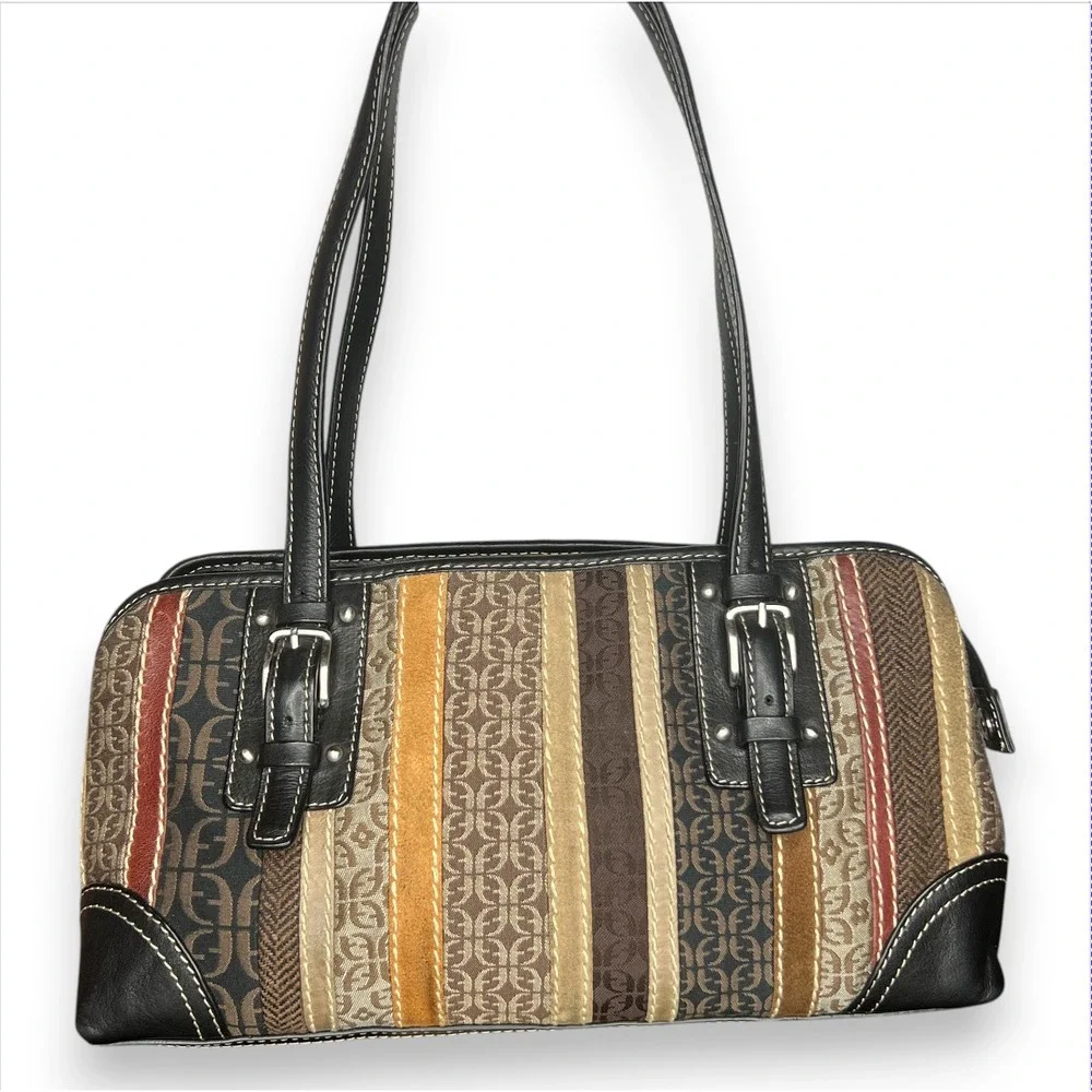 Vintage Fossil Hobo Patchwork Leather Suede Brown Mixed Media Dual Handle Purse